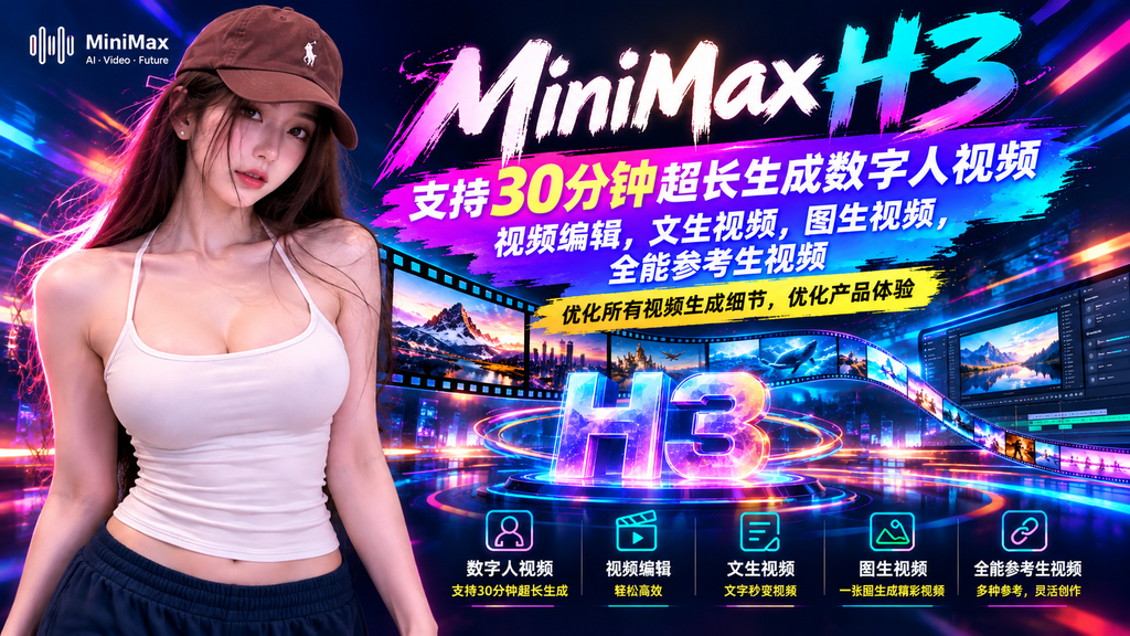 MiniMaxH3多功能版 支持30分钟超长数字人，文图生视频，视频编辑